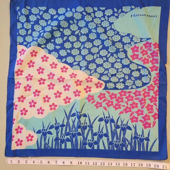 Hanae Mori Vintage Handkerchief Scarf Set Blue Black Japanese Designer AS-IS - Picture 1 of 6